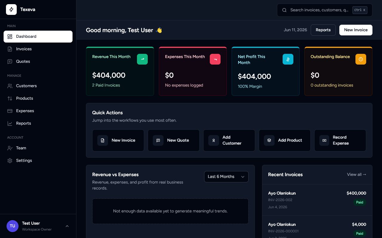 Texeva dashboard showing revenue, expenses, invoices, quotes, customers, reports, and quick actions in US dollars